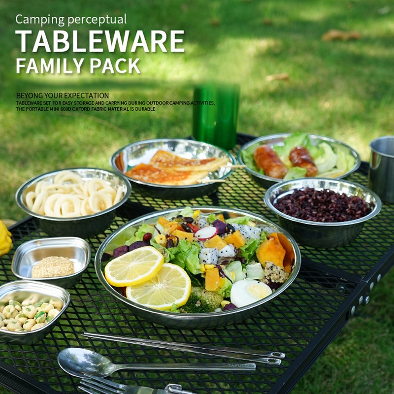 CLS 22PCS Portable Dinner Plates Camping Tableware Set Polished Stainless Steel Bowls Soup Pots with Storage Bag for Outdoor Cooking Camping Picnic Barbecue - Image 2