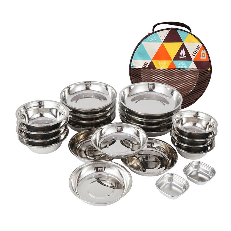 CLS 22PCS Portable Dinner Plates Camping Tableware Set Polished Stainless Steel Bowls Soup Pots with Storage Bag for Outdoor Cooking Camping Picnic Barbecue - Image 1