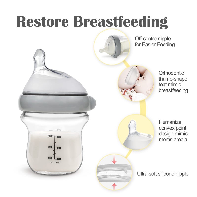 haakaa Gen.3 Natural Glass Baby Bottle Set 4.2oz & 6oz - Wide Neck Anti-Colic Slow Varibale Flow Nipple, 0M+ 3M+ 6M+ Breastfed Babies - Image 2