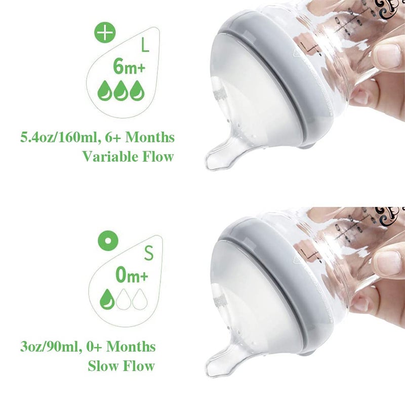 haakaa Gen.3 Natural Glass Baby Bottle Set 4.2oz & 6oz - Wide Neck Anti-Colic Slow Varibale Flow Nipple, 0M+ 3M+ 6M+ Breastfed Babies - Image 3