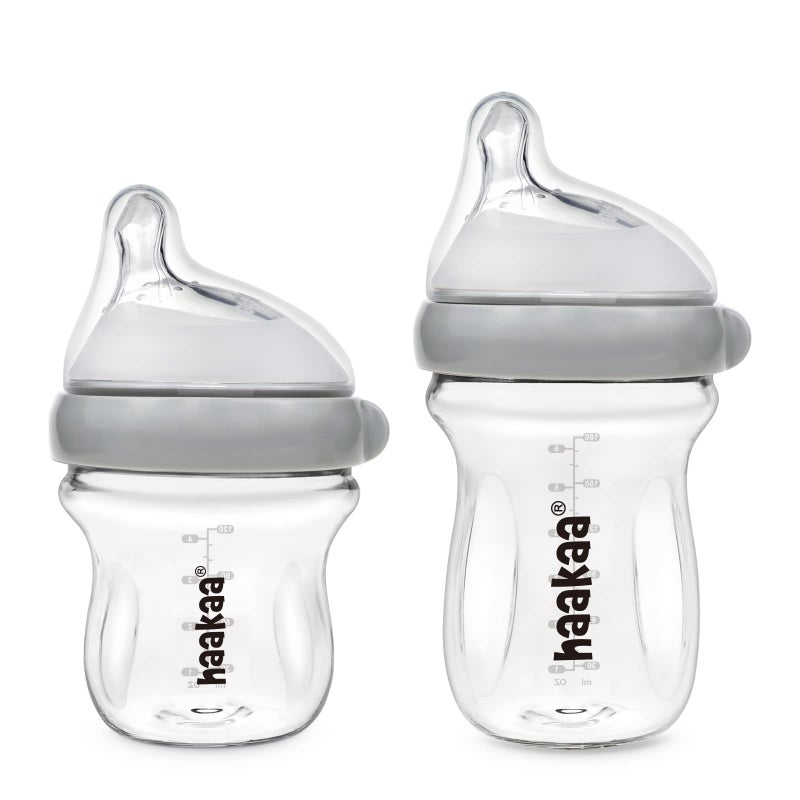 haakaa Gen.3 Natural Glass Baby Bottle Set 4.2oz & 6oz - Wide Neck Anti-Colic Slow Varibale Flow Nipple, 0M+ 3M+ 6M+ Breastfed Babies - Image 1