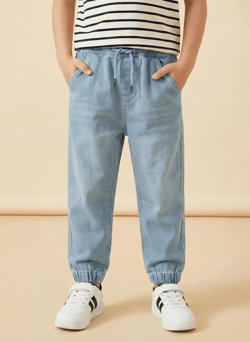 نوتيناتي Nautinati Boys' 100% Cotton Stretchable Mid-blue Wash Jogger Jeans