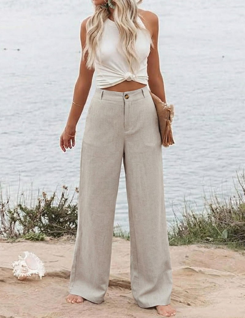 Hooever Womens Cotton Linen Pants Casual Button Up High Waisted Wide Leg Trousers(Khaki-Large01) - Image 3