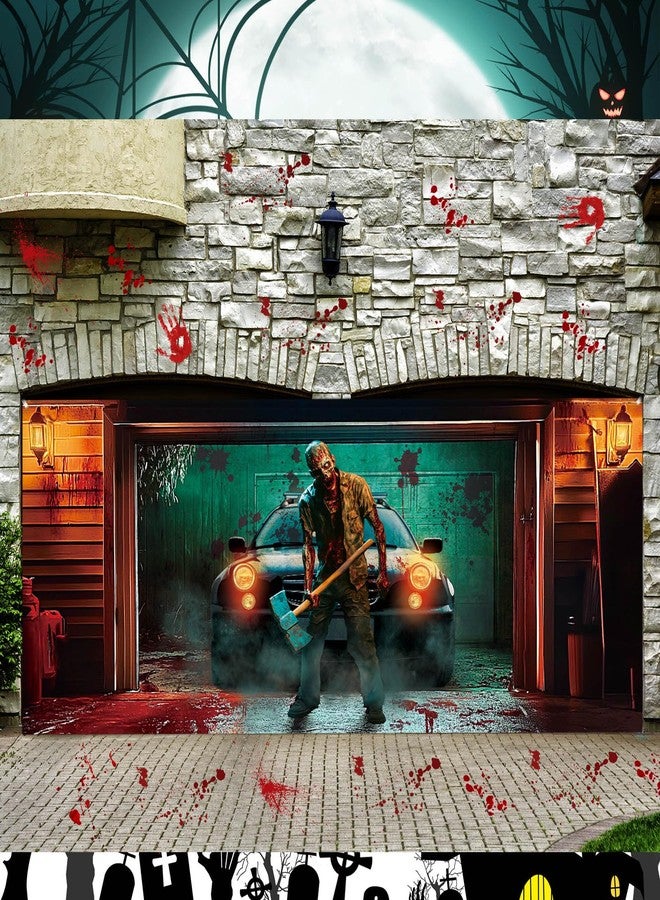 Tingjoo 7 x 16 ft Halloween Killer Garage Door Banner Horror Halloween Garage Door Decorations Cover Classic Scary Movie Killer Backdrop Zombies Background for Photo Party Outdoor Banner - Image 5