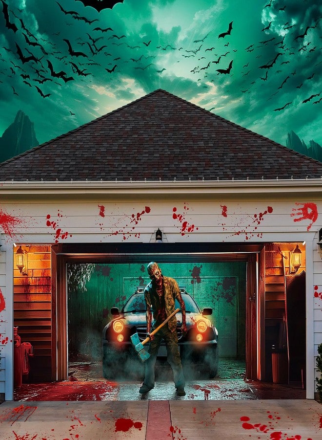 Tingjoo 7 x 16 ft Halloween Killer Garage Door Banner Horror Halloween Garage Door Decorations Cover Classic Scary Movie Killer Backdrop Zombies Background for Photo Party Outdoor Banner - Image 1