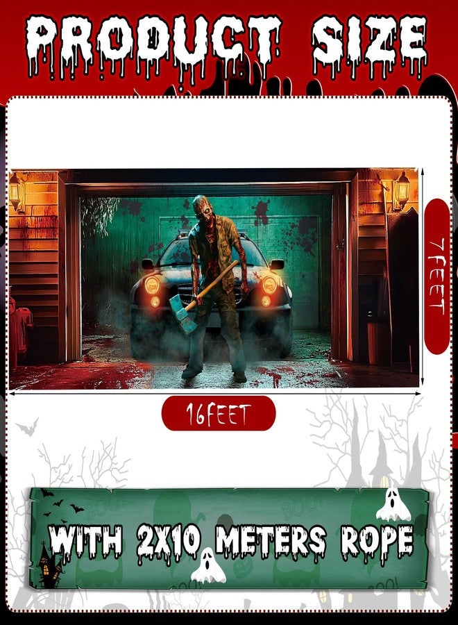Tingjoo 7 x 16 ft Halloween Killer Garage Door Banner Horror Halloween Garage Door Decorations Cover Classic Scary Movie Killer Backdrop Zombies Background for Photo Party Outdoor Banner - Image 2