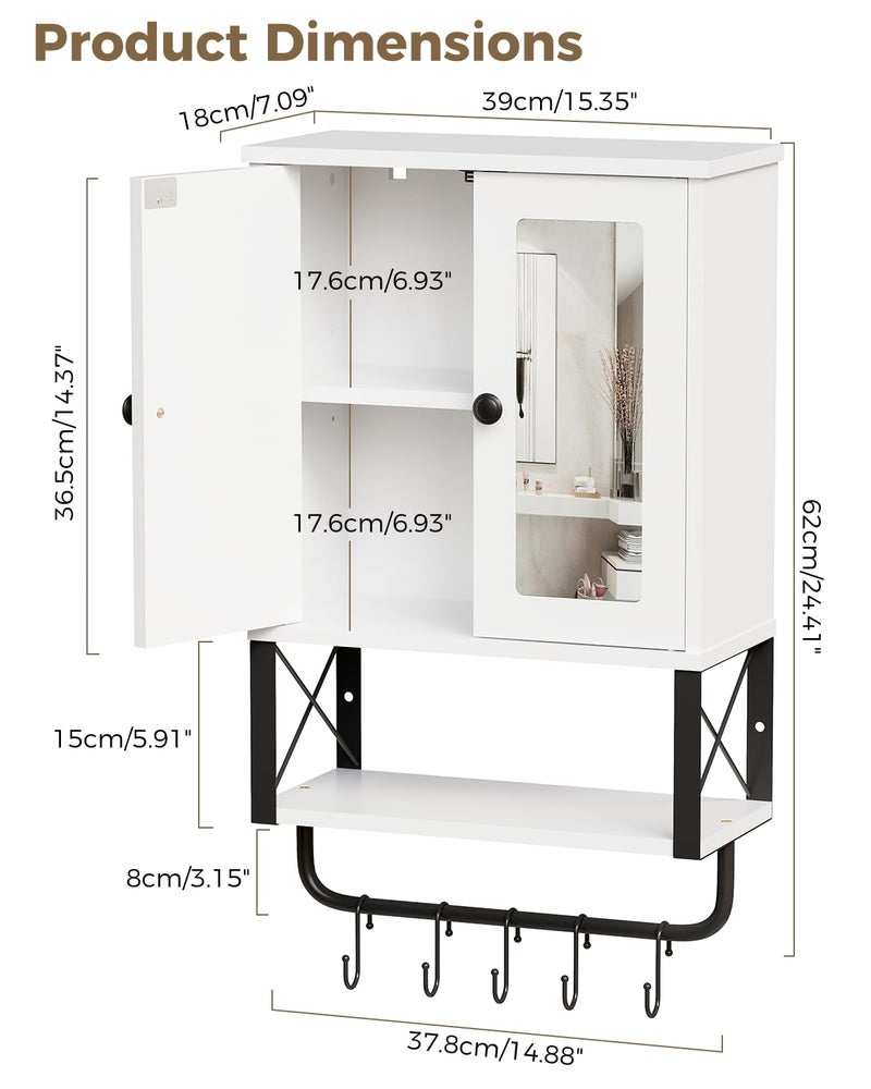 BEWISHOME Medicine Cabinet, Bathroom Wall Cabinet with Mirror, Wall Mounted Over The Toilet Storage Cabinet with Towel Bar and Adjustable Shelf, for Bathroom, 7.1" D x 15.4" W x 24.4" H, White YYG10W - Image 2