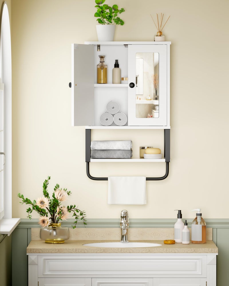 BEWISHOME Medicine Cabinet, Bathroom Wall Cabinet with Mirror, Wall Mounted Over The Toilet Storage Cabinet with Towel Bar and Adjustable Shelf, for Bathroom, 7.1" D x 15.4" W x 24.4" H, White YYG10W - Image 3