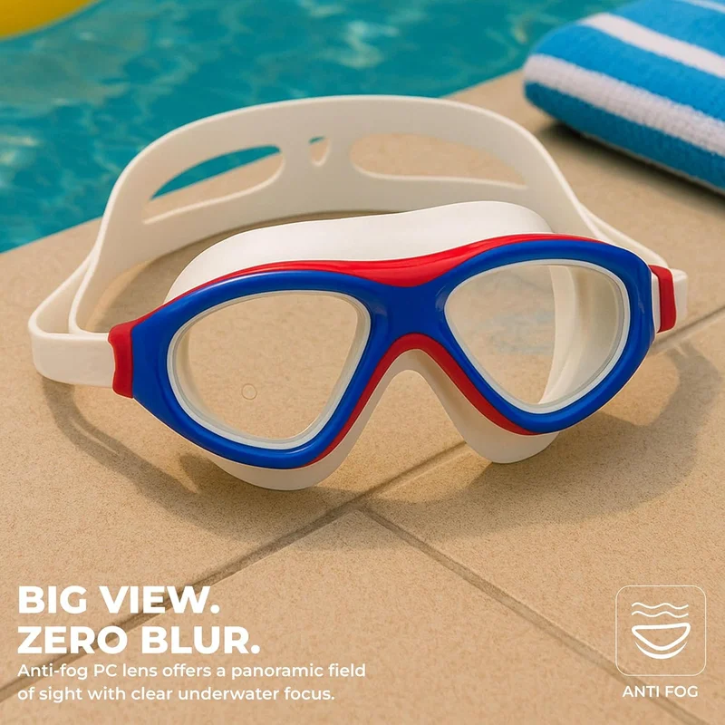 Nivia NIVIA Unimask Jr. 2.0 Swimming Goggles for Kids - Anti Fog, UV Protection, Comfort Fit - Blue/Red