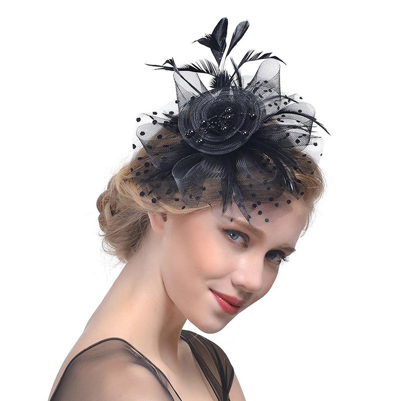 DRESHOW Fascinators Hat Flower Mesh Ribbons Feathers on a Headband and a Clip Tea Party Headwear for Girls and Women - Image 2