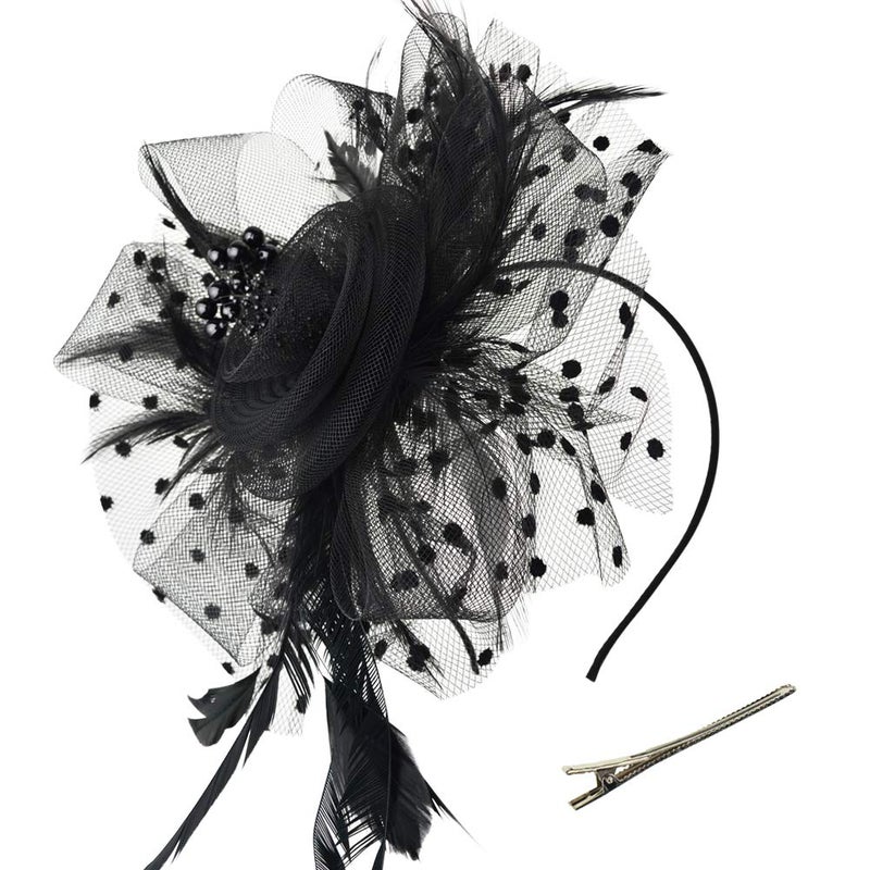 DRESHOW Fascinators Hat Flower Mesh Ribbons Feathers on a Headband and a Clip Tea Party Headwear for Girls and Women - Image 1