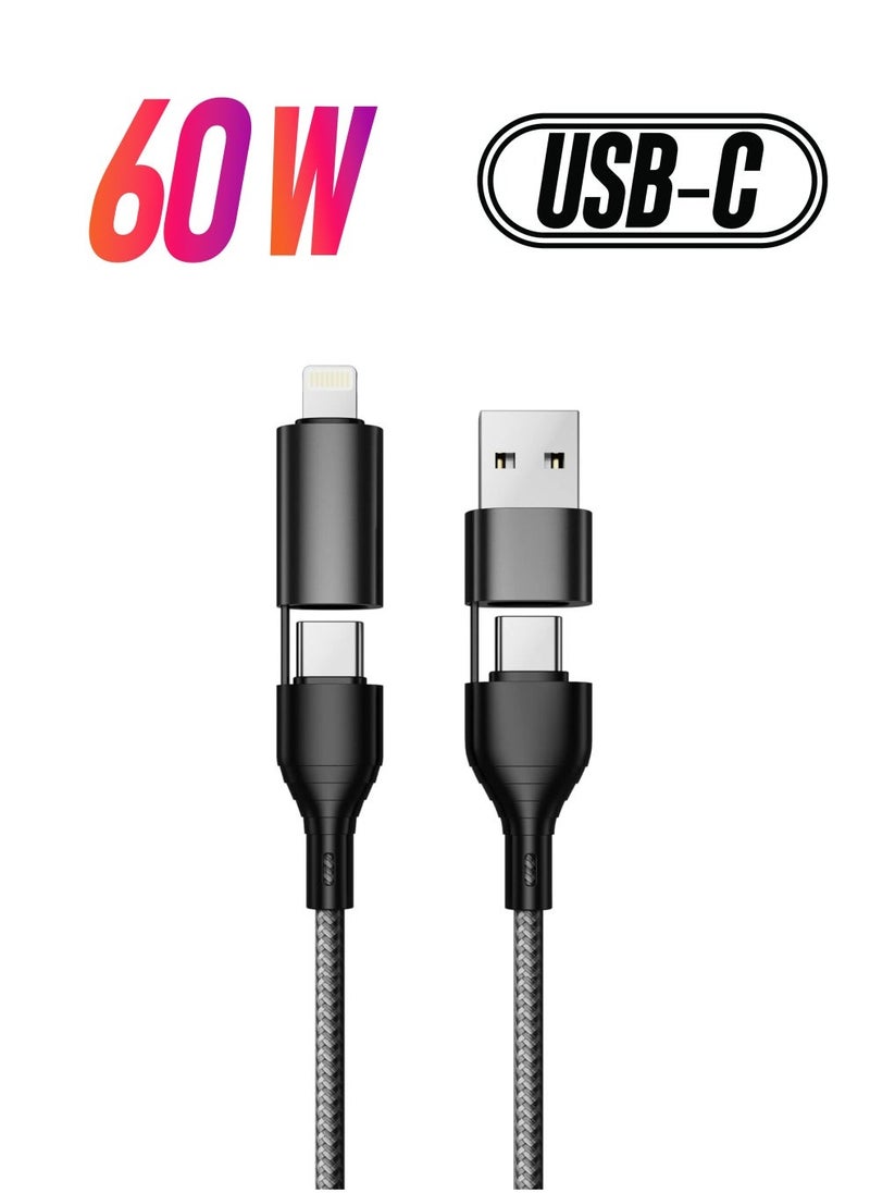 Raxoom 4-in-1 Fast Charging Cable â€“ USB to Lightning, USB to Type-C, Type-C to Lightning 20W, Type-C to Type-C 60W, Nylon Braided for iPhone, Samsung, Huawei & Tablets - Image 1