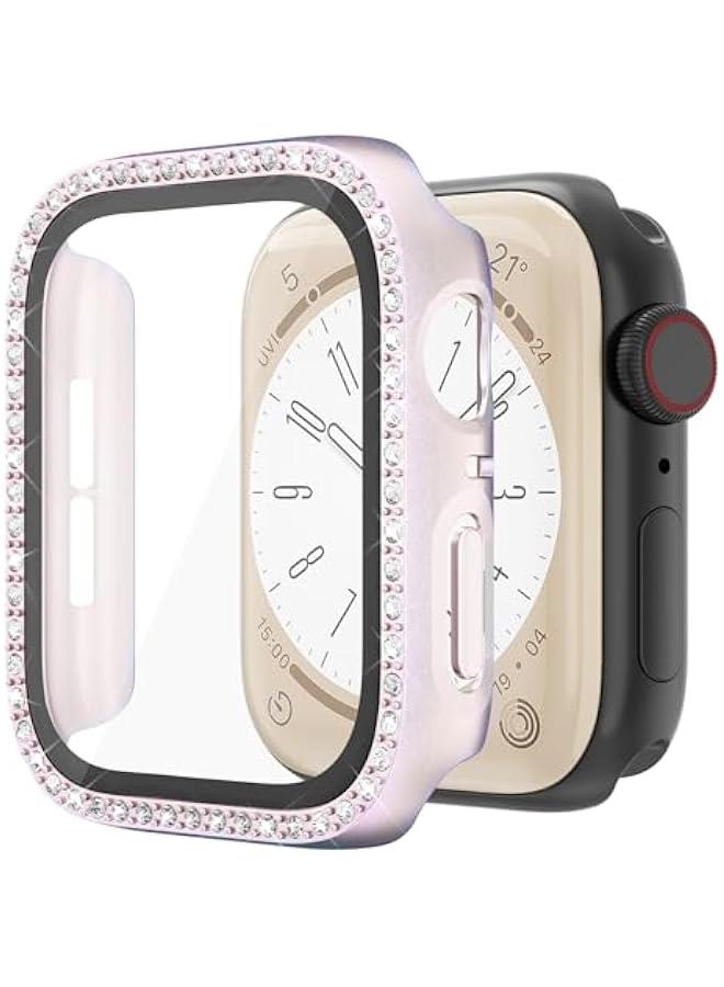 Bling Case Compatible for Apple Watch Case 44mm iwatch SE Series 6 5 4 Hard PC Fantasy Gradient Fluorescent Rhinestone Bumper Built in Tempered Glass Screen Protector, Pink - Image 1