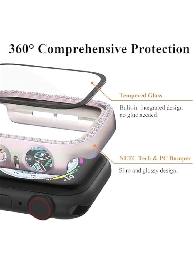 Bling Case Compatible for Apple Watch Case 44mm iwatch SE Series 6 5 4 Hard PC Fantasy Gradient Fluorescent Rhinestone Bumper Built in Tempered Glass Screen Protector, Pink - Image 2