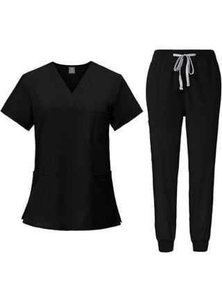 Scrubs for Women Set Stretch V-Neck Scrub Tops & Cargo Pant Quick Drying Solid Medical Nurse Uniform with Pockets