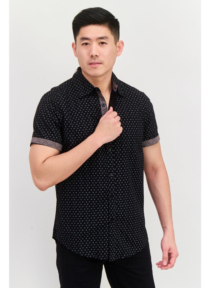 English Laundry Men Regular Fit Allover Print Short Sleeves Casual Shirt, Black  - Image 1