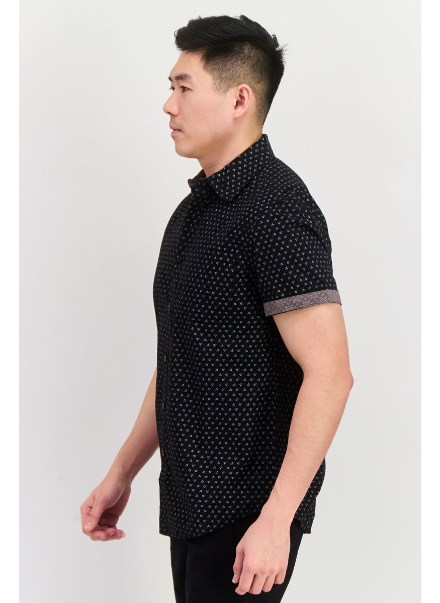 English Laundry Men Regular Fit Allover Print Short Sleeves Casual Shirt, Black  - Image 3