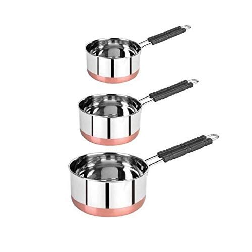 3Pcs Tea Pan Vietnam 3Pcs Stainless Steel Copper Induction Flat Bottom Milk Sauce Tea Pan Set with Handle for Kitchen Silver  - Image 1