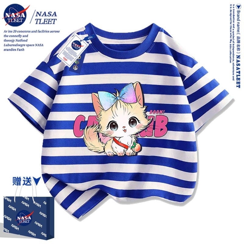 Nasa Co-Branded Cute Kitten Pure Cotton Short-Sleeved New All-Match Crewneck Base Shirt Trendy Brand T-Shirt - Image 1