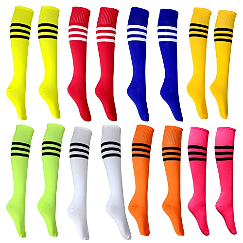 Aulufft Neon Knee High Socks, 8 Pairs Striped Tube Sock Athletic Baseball Basketball Dance Neon Colored Soccer Socks for Adult Girls Women Youth, 8 Colors/Set - Image 1