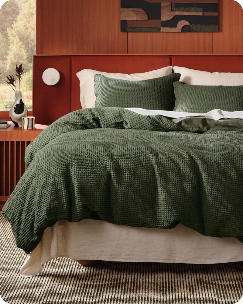 Bedsure Cotton Duvet Cover Set 100 Cotton Waffle Weave Olive Green Duvet Cover California King Size GentleSoft and Breathable Cal King Bedding Set for All Season 3 Pieces 104x98
