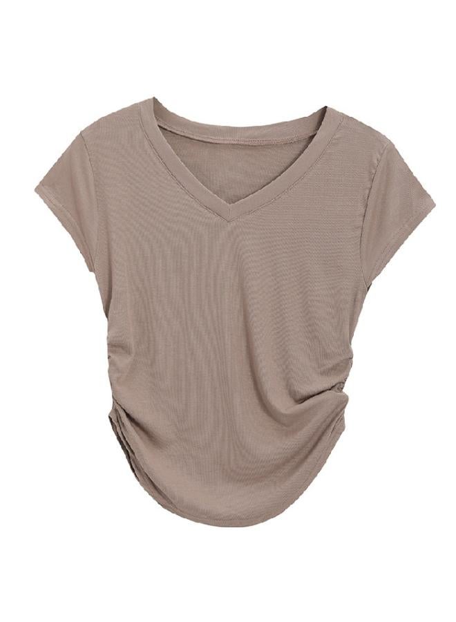 Style V-neck Short-sleeved T-shirt Women's Summer New Slim-fit Slimming Design Sense Student Solid Color Top Trendy 