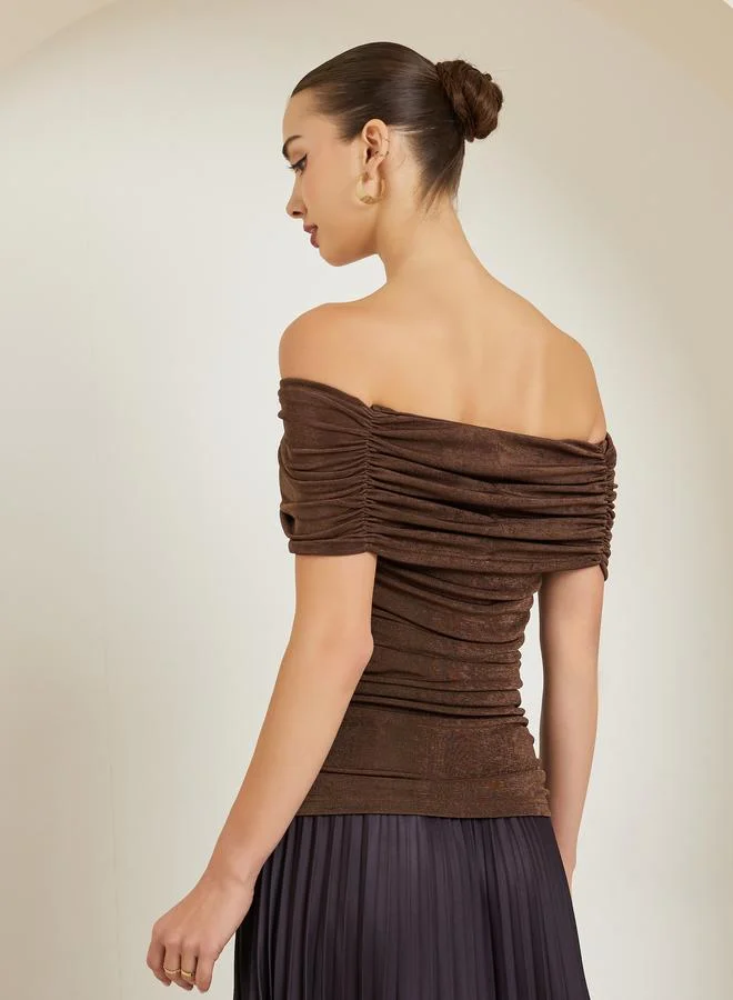 Styli  Brown Off-Shoulder Knit Top for Women | Best Price UAE