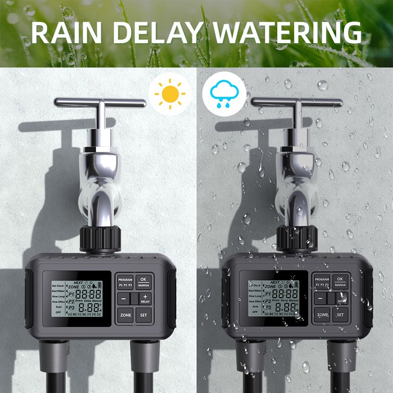 Sprinkler Timer 2 Outlets Automatic Watering System Irrigation Timer with Large LCD Screen/Rain Delay/Anti-clogging Filter/Child Lock Protection IP55 Waterproof Water Timer for Garden Lawn Pool - Image 5