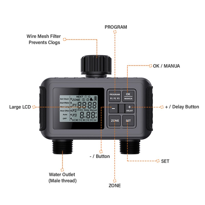 Sprinkler Timer 2 Outlets Automatic Watering System Irrigation Timer with Large LCD Screen/Rain Delay/Anti-clogging Filter/Child Lock Protection IP55 Waterproof Water Timer for Garden Lawn Pool - Image 3