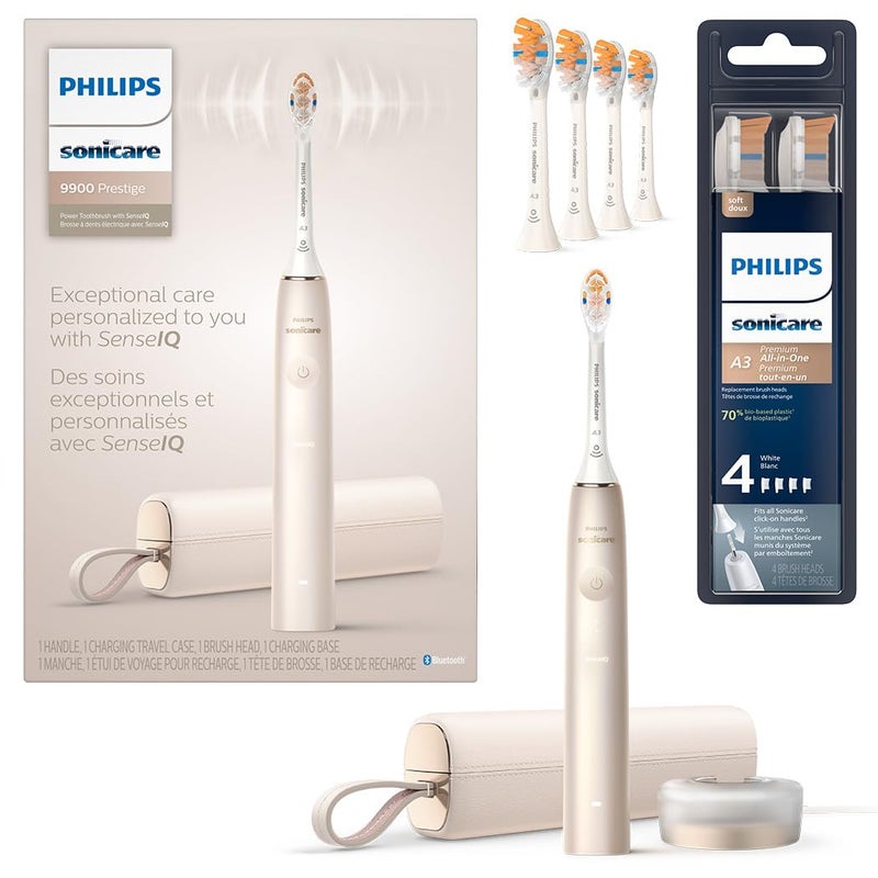 Philips Sonicare DiamondClean Prestige 9900 Rechargeable Electric Toothbrush with SenseIQ 5 Premium AllinOne Brush Heads Plaque Removal Gum Care Whitening Champagne BD9001AZ