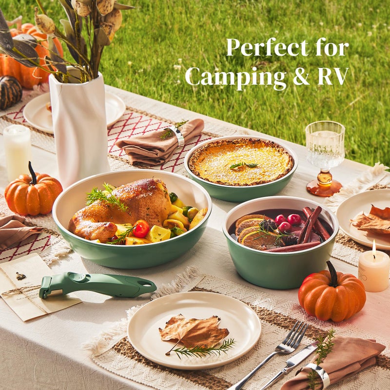 Redchef Ceramic Cookware Set, Removable Handle Pots and Pans Non-Stick, Rv Cookware Set, Non-Toxic Pots and Pans Set No PFAS, PTFE, PFOA, Detachable Pots and Pans, Dishwasher & Oven Safe (Green) - Image 3