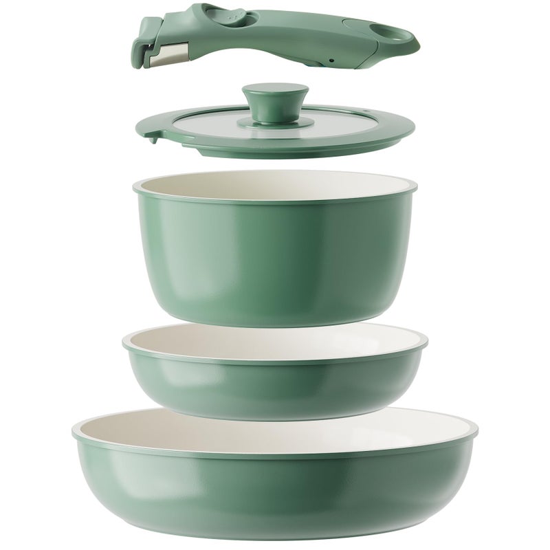 Redchef Ceramic Cookware Set, Removable Handle Pots and Pans Non-Stick, Rv Cookware Set, Non-Toxic Pots and Pans Set No PFAS, PTFE, PFOA, Detachable Pots and Pans, Dishwasher & Oven Safe (Green) - Image 1
