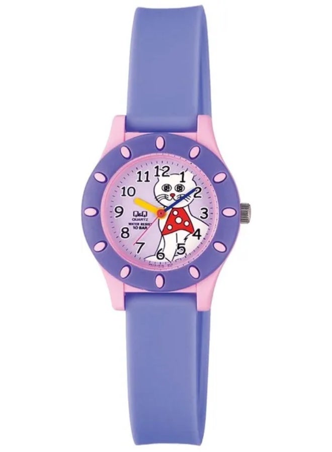 Q&Q Kids Unisex Analog Quartz Watch VQ13J010Y, Purple/Pink with Cartoon Cat Dial - Image 1