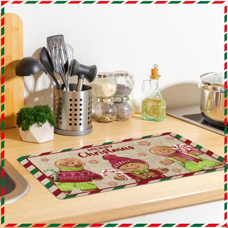 Tinideya Winter Dish Drying Mat for Kitchen Counter 12 x 20 Inch Coffee Bar Winter Mat Small Absorbent Holiday Dish Drainer Pad for Holiday Kitchen Accessories Decor(Gingerbread) - Image 5