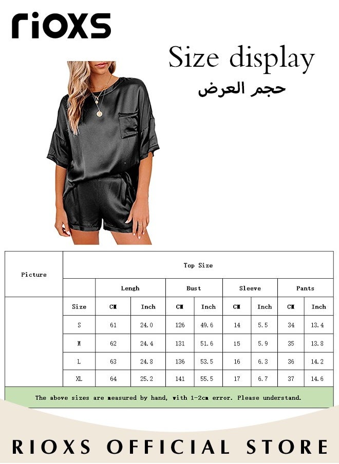 RIOXS - Women's Pajama Set,2 Pcs Satin Silky Pajamas Set,Short Sleeve T-Shirt And Elastic Waist Shorts,Comfy Nightgown With Pocket,Causal PJ Loungewear,Lady's Pajama,Sleepwear Top And Shorts For Ladies And Women - Image 1