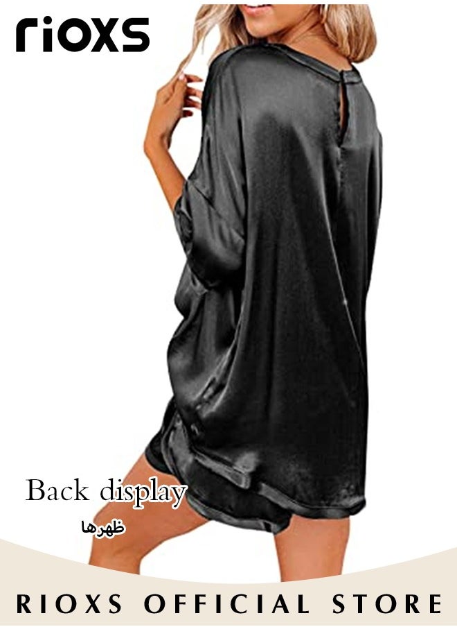 RIOXS - Women's Pajama Set,2 Pcs Satin Silky Pajamas Set,Short Sleeve T-Shirt And Elastic Waist Shorts,Comfy Nightgown With Pocket,Causal PJ Loungewear,Lady's Pajama,Sleepwear Top And Shorts For Ladies And Women - Image 1