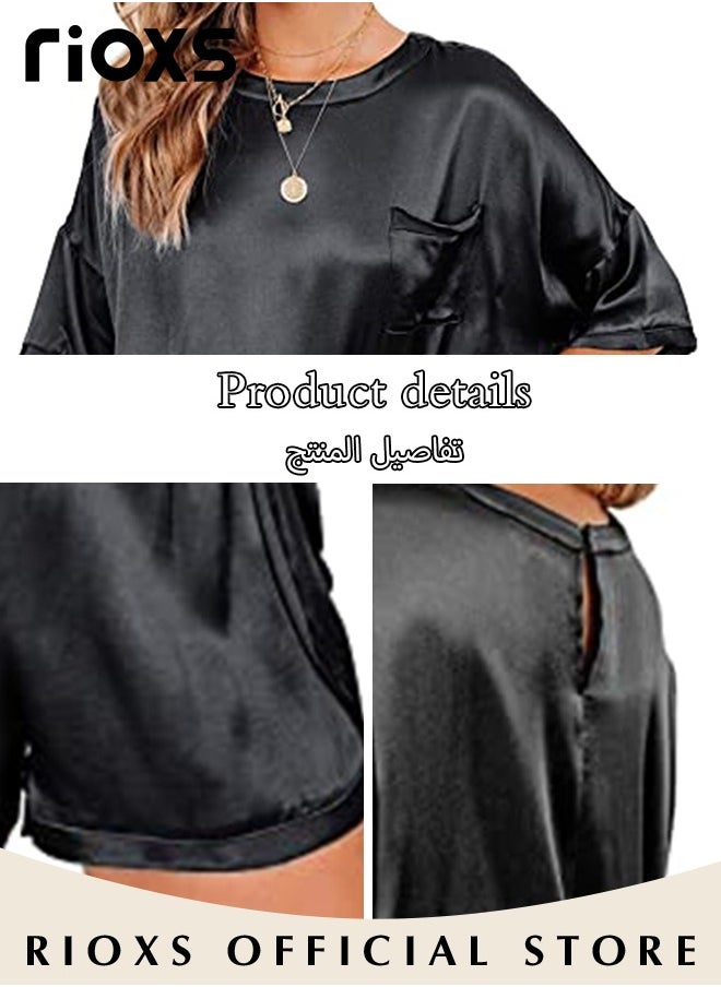 RIOXS - Women's Pajama Set,2 Pcs Satin Silky Pajamas Set,Short Sleeve T-Shirt And Elastic Waist Shorts,Comfy Nightgown With Pocket,Causal PJ Loungewear,Lady's Pajama,Sleepwear Top And Shorts For Ladies And Women - Image 1