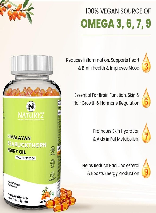 NATURYZ Himalayan Sea Buckthorn Berry Oil Triple Strength 1120mg | Liquid fill Technology for High Absorption & Bioavailability | Full Spectrum Cold-Pressed Vegetarian Omega 7 + Omega 3-6-9 | Skin Glow, Immunity & Gut Health Supplement | Gentler on Stomach, Non-GMO - 60 Veg Capsules - Image 3
