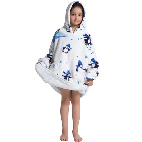 DESERT HOME Wearable Blanket Hoodie for Kids 6-12YR Animal Oversized Hooded Blanket Super Soft Comfortable Warm Flannel Ice Penguin - Image 3