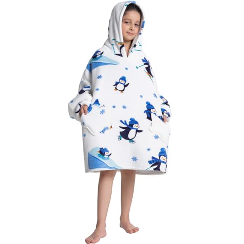 DESERT HOME Wearable Blanket Hoodie for Kids 6-12YR Animal Oversized Hooded Blanket Super Soft Comfortable Warm Flannel Ice Penguin - Image 2