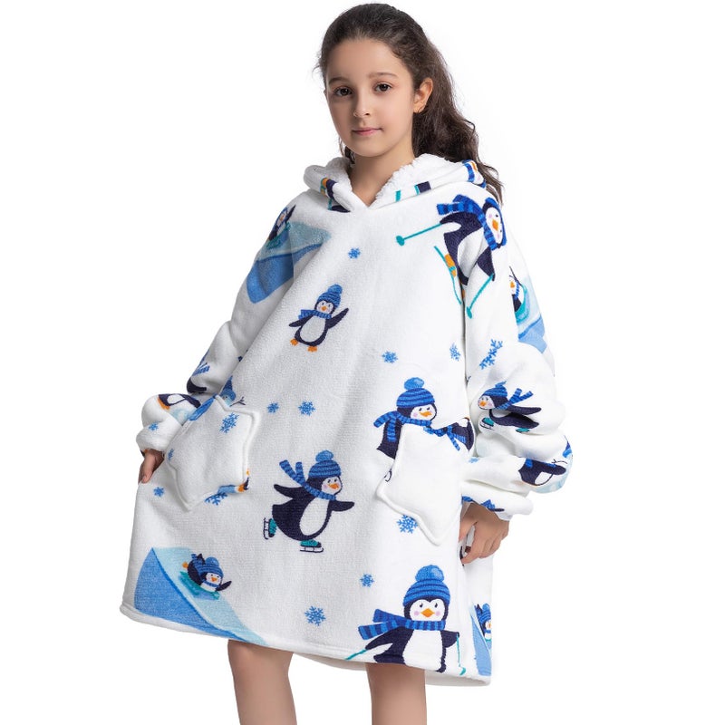 DESERT HOME Wearable Blanket Hoodie for Kids 6-12YR Animal Oversized Hooded Blanket Super Soft Comfortable Warm Flannel Ice Penguin - Image 4