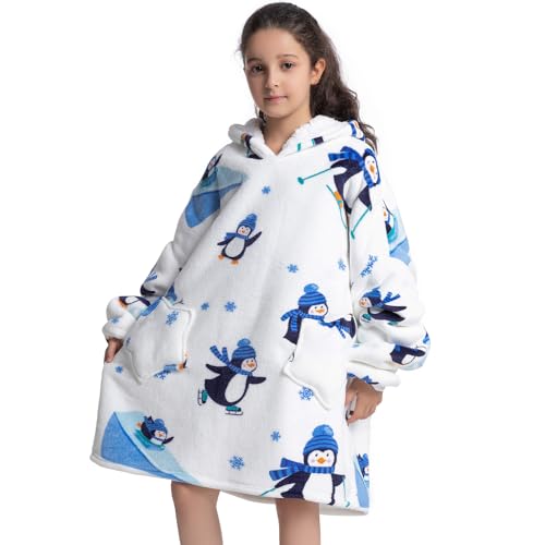 DESERT HOME Wearable Blanket Hoodie for Kids 6-12YR Animal Oversized Hooded Blanket Super Soft Comfortable Warm Flannel Ice Penguin - Image 1