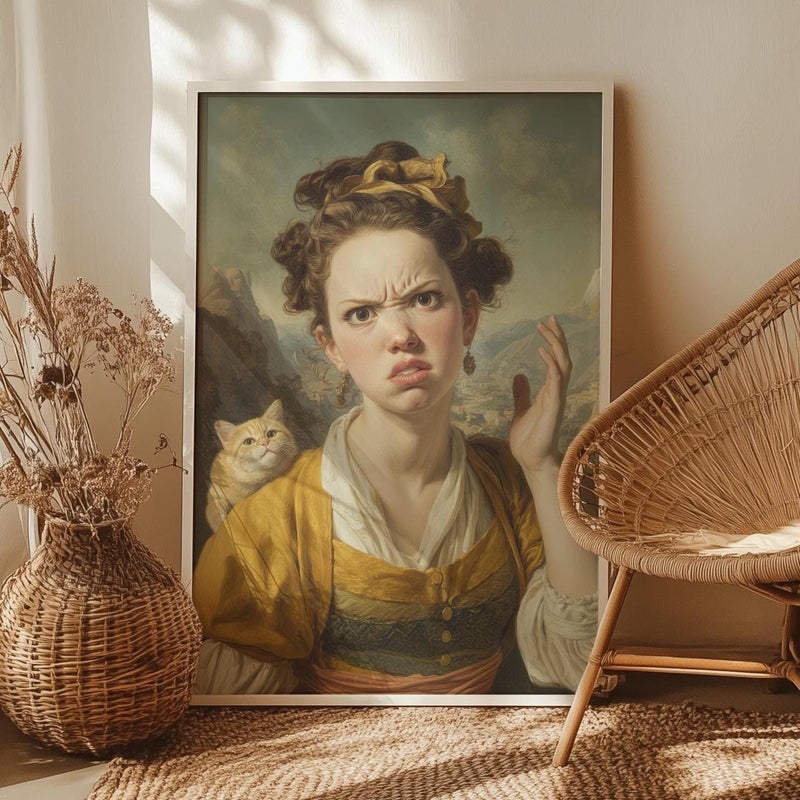 TNESSENTIAL Medieval Lady with Cat Funny Bathroom Print Poster or Canvas, Classical Canvas Poster Style Portrait, Quirky Restroom Decor, Toilet Humor Art - Image 1