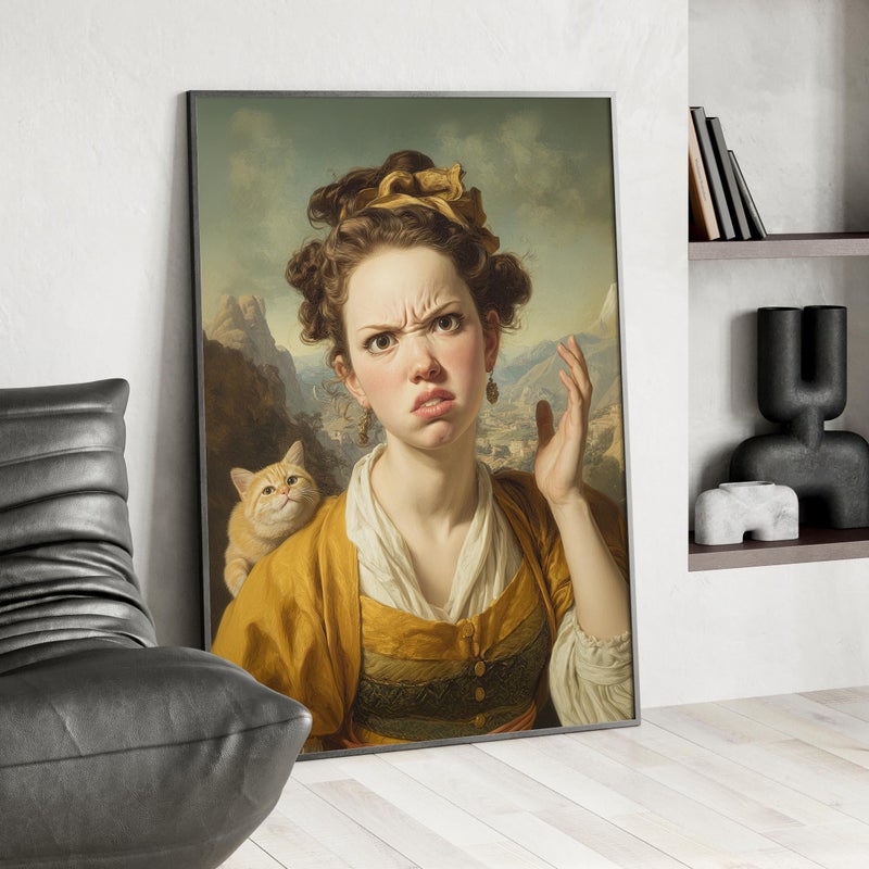 TNESSENTIAL Medieval Lady with Cat Funny Bathroom Print Poster or Canvas, Classical Canvas Poster Style Portrait, Quirky Restroom Decor, Toilet Humor Art - Image 3
