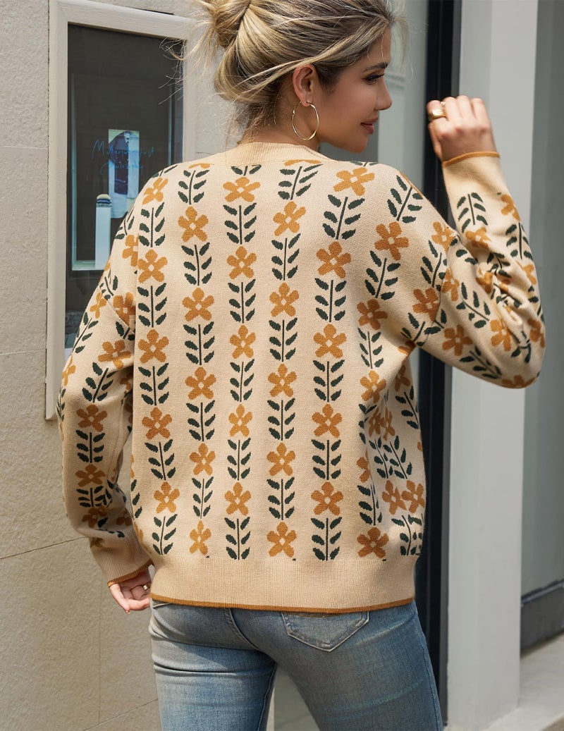 GraceSelect Women's Long Sleeve Crewneck Sweater 2025 Apricot Fall Printed Oversized Knitted Pullover Top Trendy Clothes - Image 3