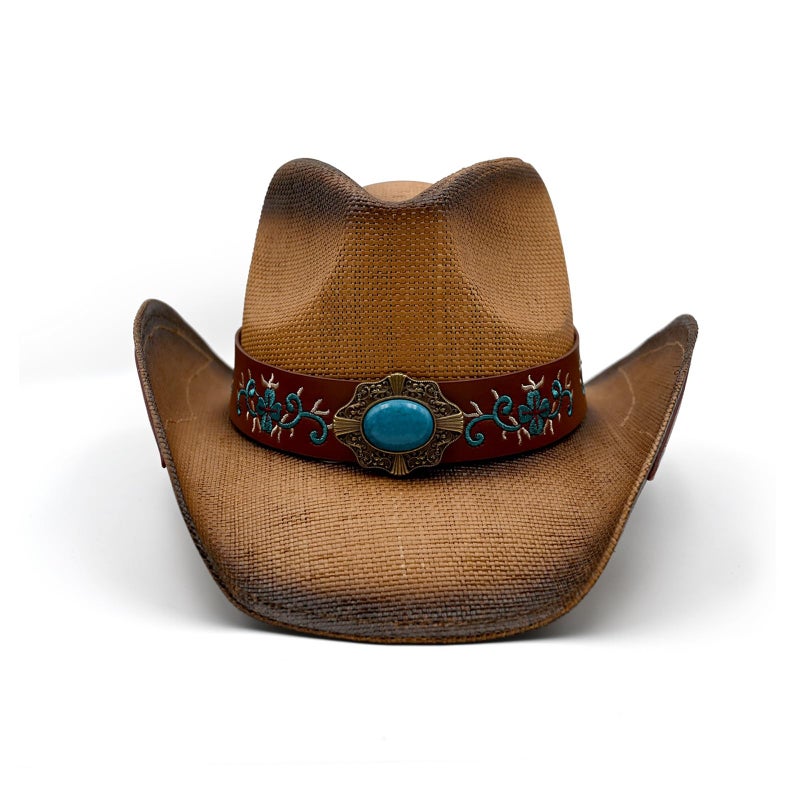 Foeran Men's Women's Straw Cowboy Hat Cowgirl Woven Sun Hat Western Cowboy Hat Two Decorative Bands - Image 2