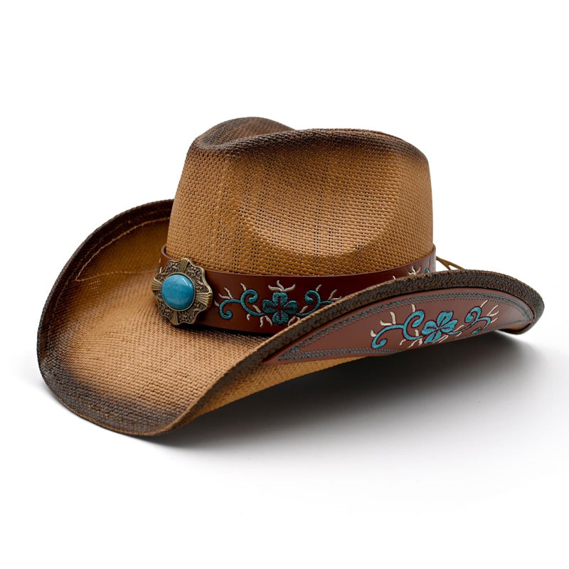 Foeran Men's Women's Straw Cowboy Hat Cowgirl Woven Sun Hat Western Cowboy Hat Two Decorative Bands - Image 1