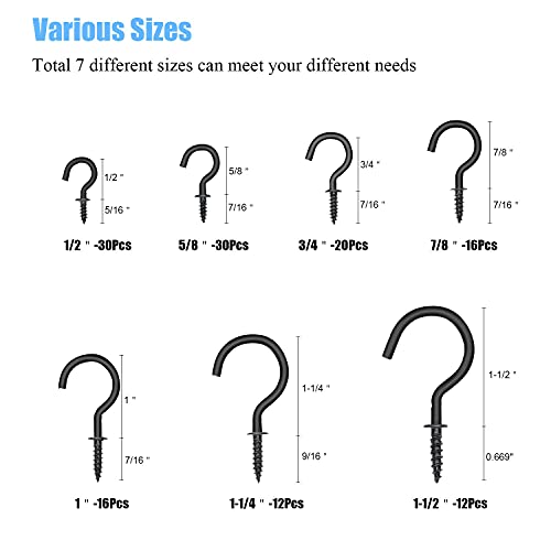 DYWISHKEY 136PCS 7-Sizes Screw-In Hook Kit, Black Zinc Plated Cup Hooks for Home, Office & Workplace (1/2", 5/8", 3/4", 7/8", 1", 1-1/4", 1-1/2") - Image 3