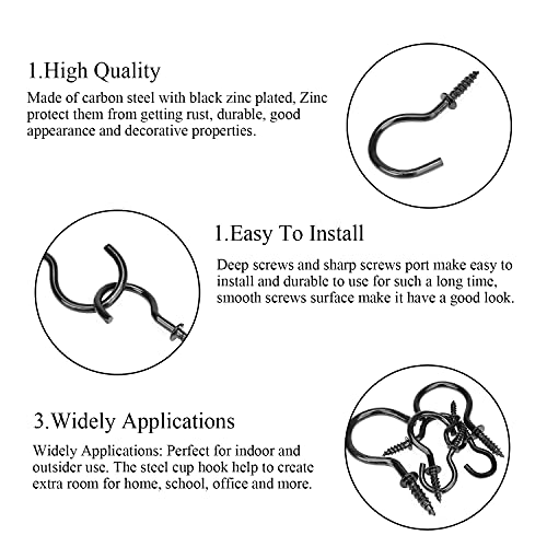 DYWISHKEY 136PCS 7-Sizes Screw-In Hook Kit, Black Zinc Plated Cup Hooks for Home, Office & Workplace (1/2", 5/8", 3/4", 7/8", 1", 1-1/4", 1-1/2") - Image 4