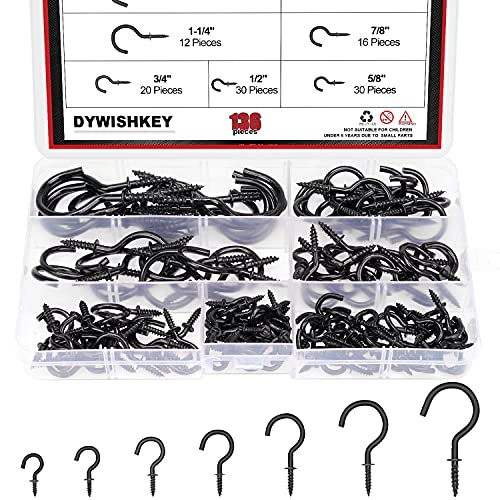 DYWISHKEY 136PCS 7-Sizes Screw-In Hook Kit, Black Zinc Plated Cup Hooks for Home, Office & Workplace (1/2", 5/8", 3/4", 7/8", 1", 1-1/4", 1-1/2") - Image 1